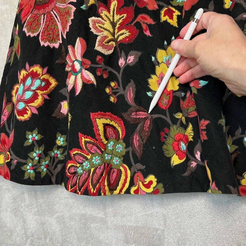 Megan Park‎ England Skirt Womens Corduroy Black Embroidered Boho Floral Y2K
